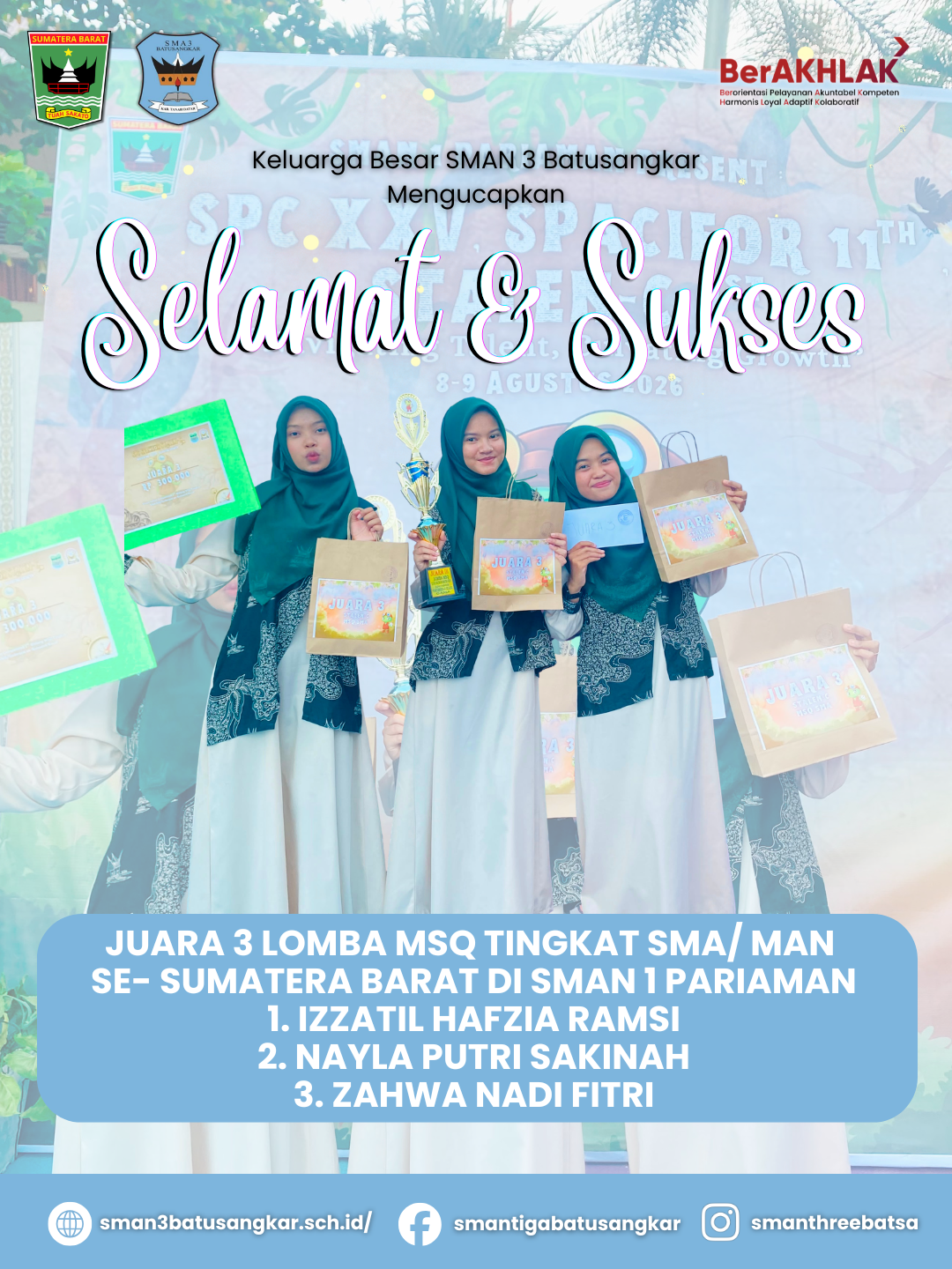 ๐ Membanggakan! Siswa SMAN 3 Batusangkar Raih Juara 3 Lomba MSQ Tingkat SMA/MAN Se-Sumatera Barat ๐ Membanggakan! Siswa SMAN 3 Batusangkar Raih Juara 3 Lomba MSQ Tingkat SMA/MAN Se-Sumatera Barat